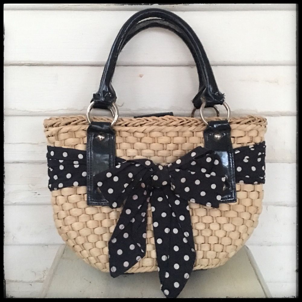Ann Taylor Loft Handbag Dark blue/White Straw 12x7